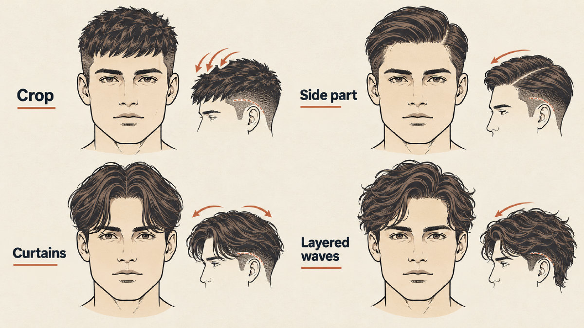 Four haircut diagrams on the same adult male oblong facial outline: crop, side part, curtains and layered waves.