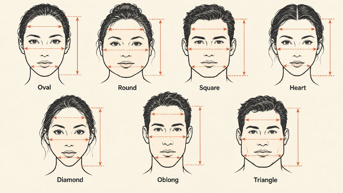 Seven schematic adult face shapes comparing forehead, cheekbone and jaw widths, face length and jaw contour.