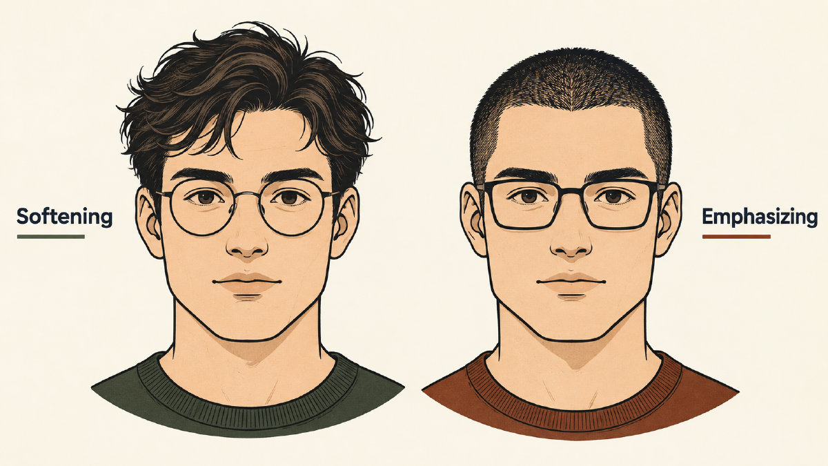 Two square-face illustrations comparing textured hair and round glasses with a buzz cut and rectangular glasses.