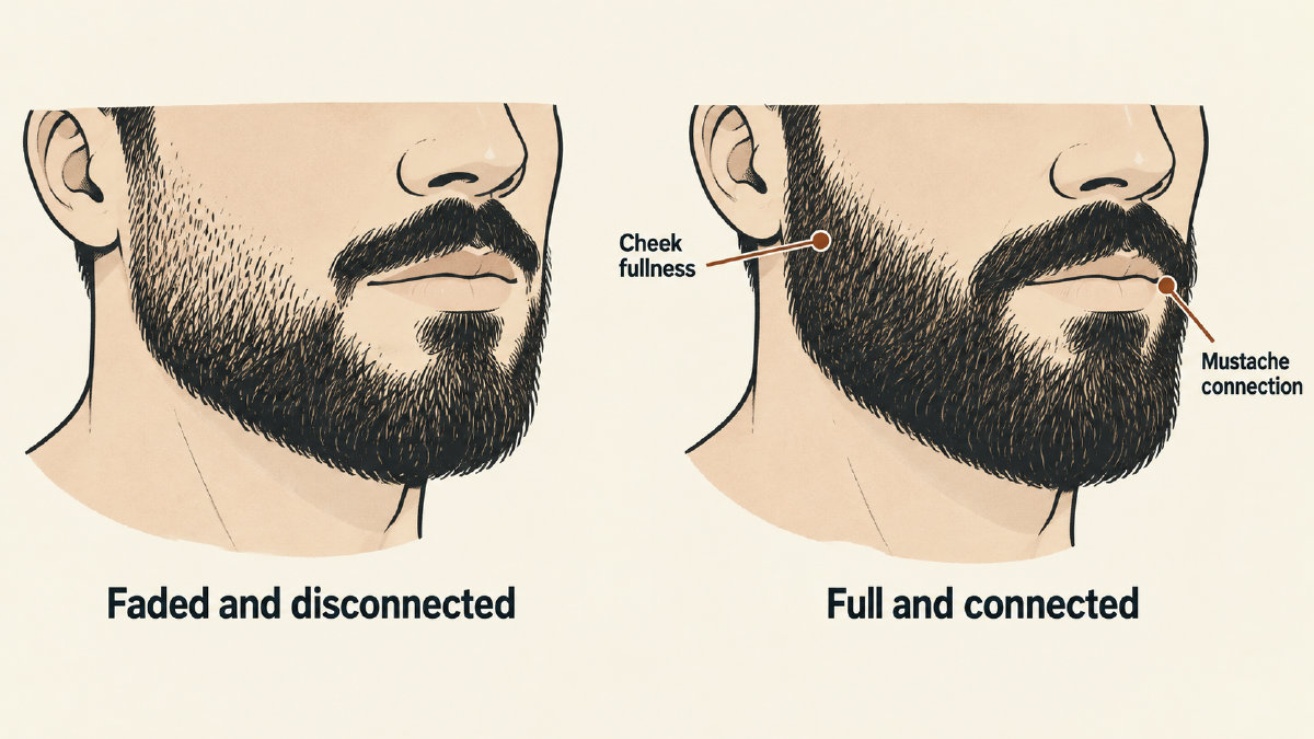 Comparison of a faded Italian beard with a disconnected mustache and a fuller version with connected mustache ends.
