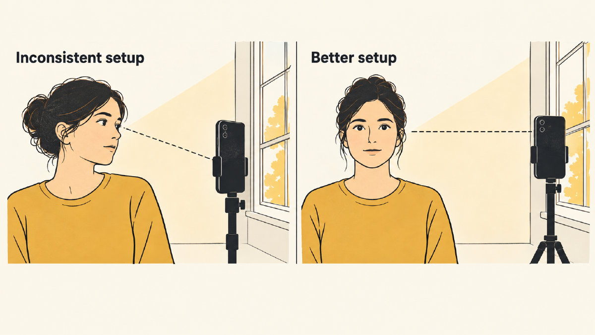 Diagram comparing a close off-center camera setup with a level front-facing setup for adult facial photos.