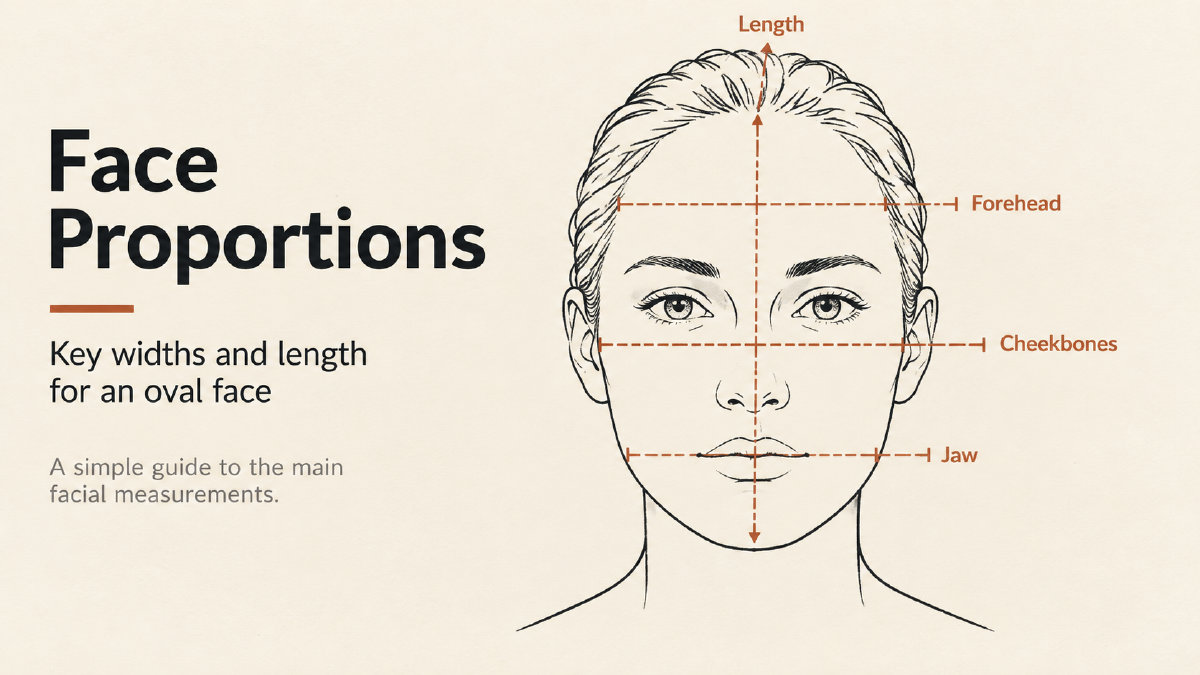 Diagram of an oval face outline with length, forehead, cheekbone and jaw measurement lines