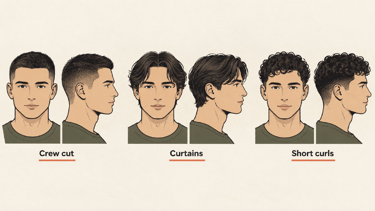 Front and side comparisons of a crew cut, medium curtains and short curls with a low taper on anonymous adult men with oval face outlines.