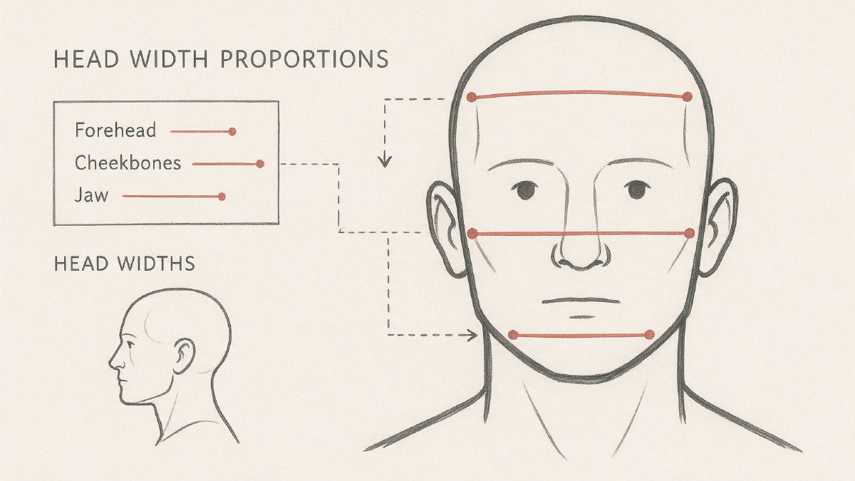 Front face diagram showing cheekbones wider than the forehead and jaw
