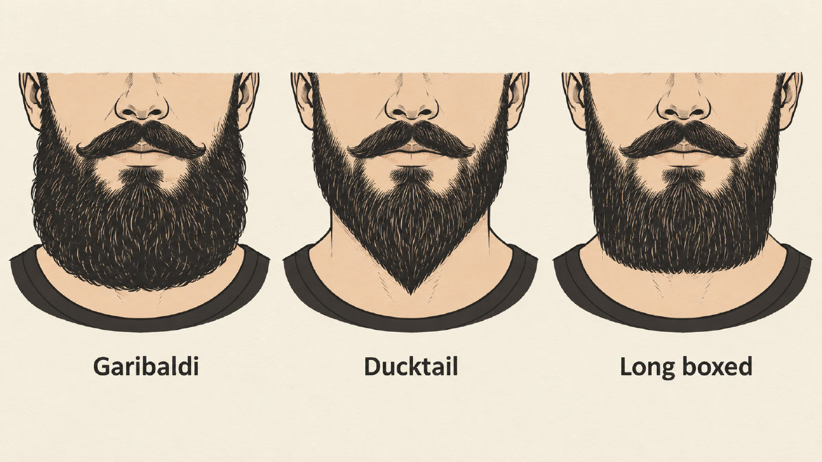 Illustrative comparison of rounded Garibaldi, pointed ducktail and structured long boxed beard outlines on anonymous adult faces.