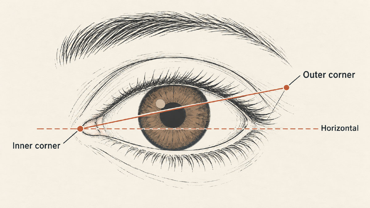 Schematic adult eye with the outer eyelid corner above the inner corner and measurement lines showing positive canthal tilt.