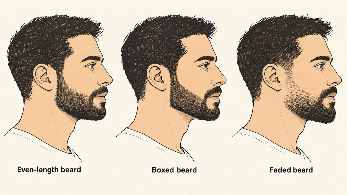 Three adult beard profiles comparing an even short beard, angular short boxed beard and short beard fade.