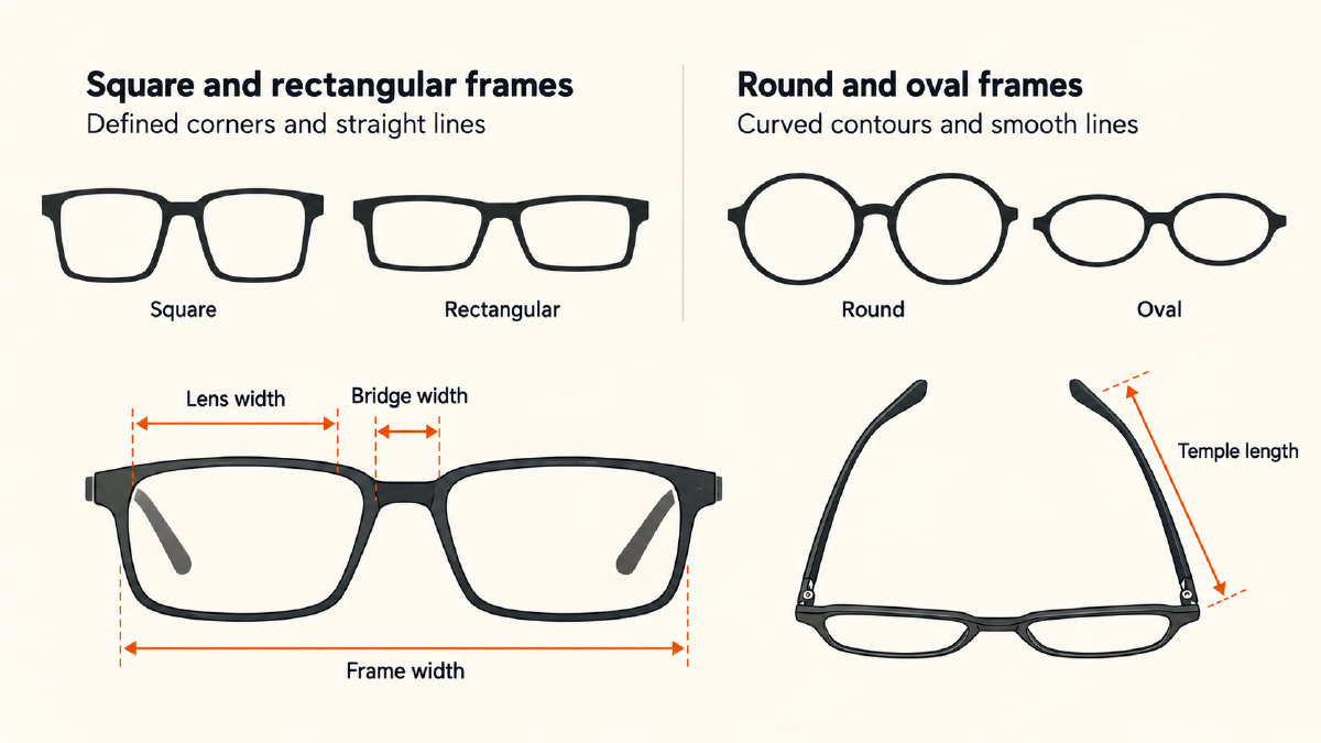 Angular and curved eyeglass frames with arrows identifying lens width, bridge width, overall width and temple arm length.