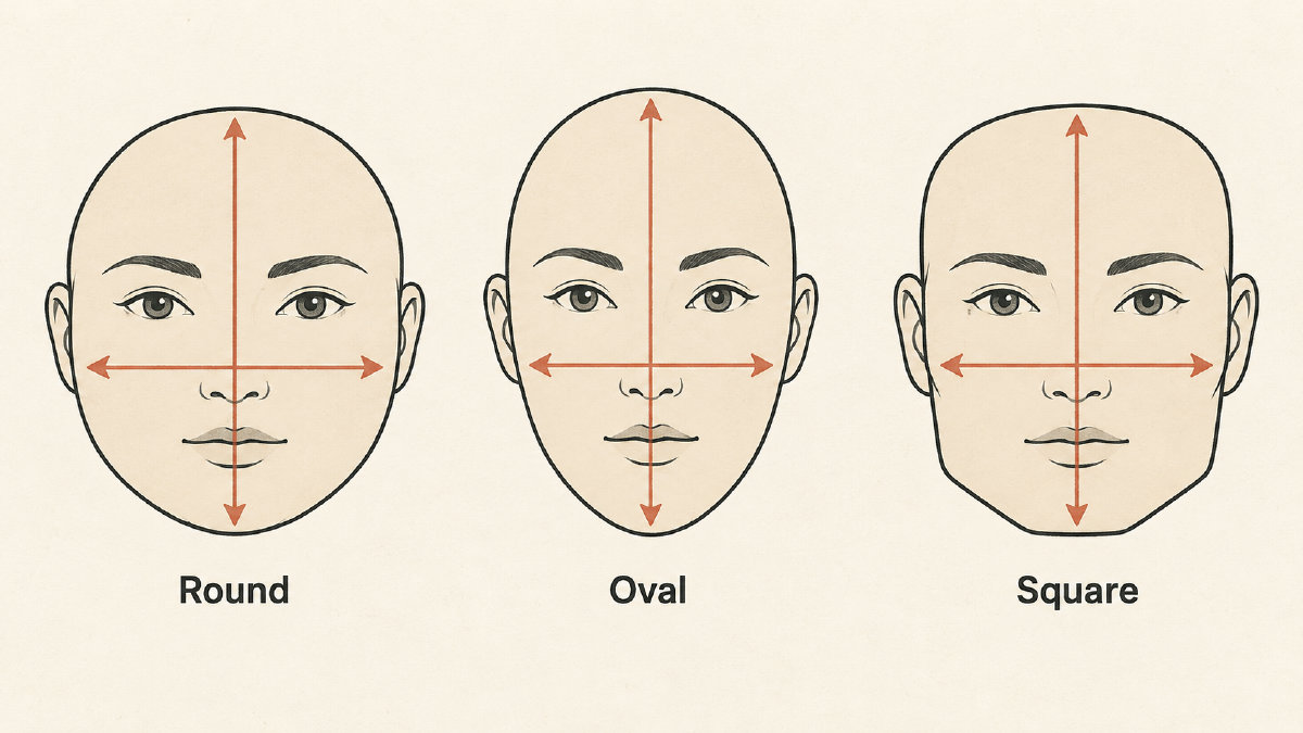 Conceptual comparison of round, oval and square adult facial outlines with face-length and cheekbone-width arrows.