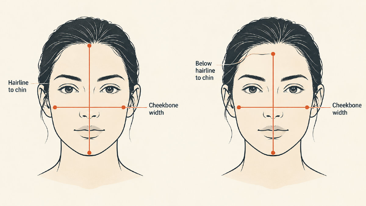 Two adult face diagrams comparing hairline-to-chin height with a shorter below-hairline-to-chin measurement.
