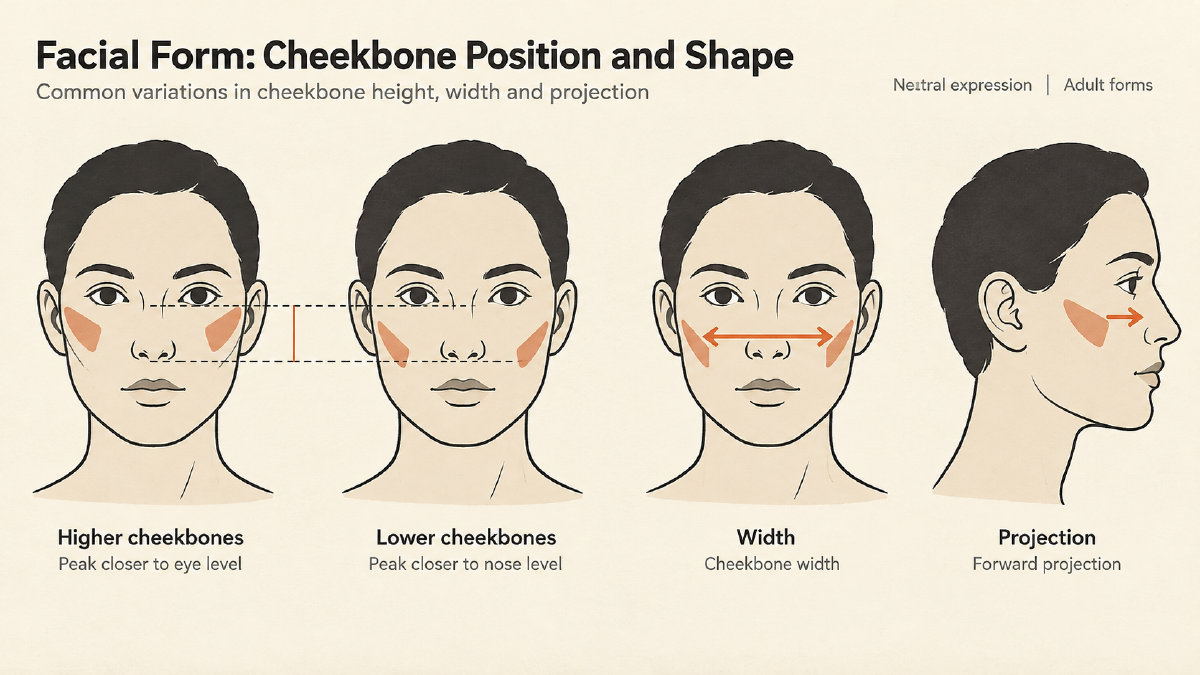 Generic adult facial diagrams comparing cheekbone height, width and forward projection.