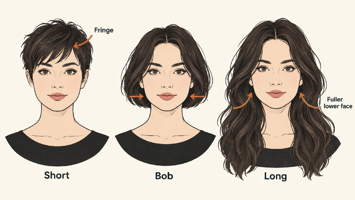 Comparison of a piecey pixie, jaw-length bob and long waves on the same fictional adult with a heart-shaped face.