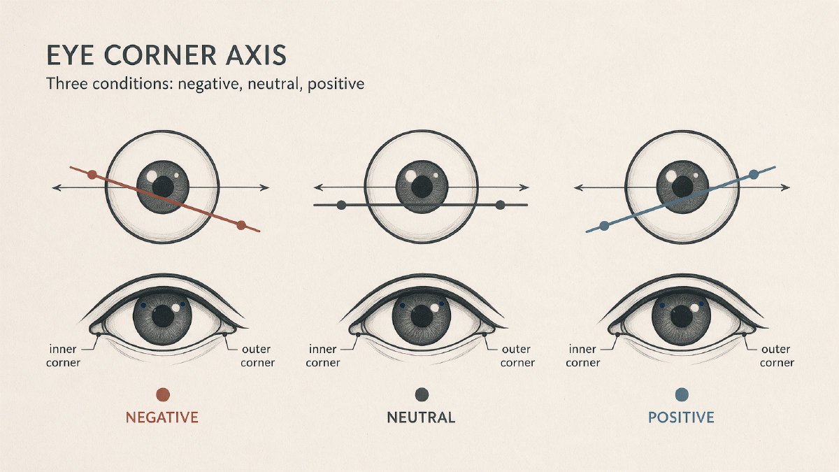 Diagram comparing negative, neutral, and positive canthal tilt with inner and outer eye-corner lines