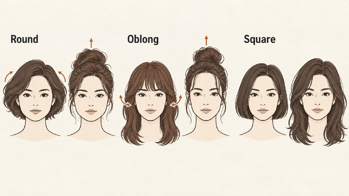 Diagram comparing haircut silhouettes on round, oblong and square adult face outlines, with arrows showing volume placement.
