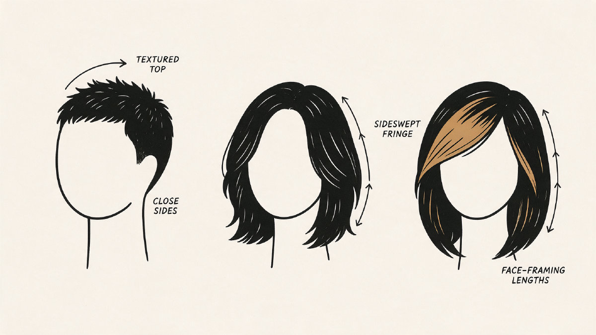 Three round-face mannequin heads comparing short textured, medium layered and long side-swept haircut silhouettes