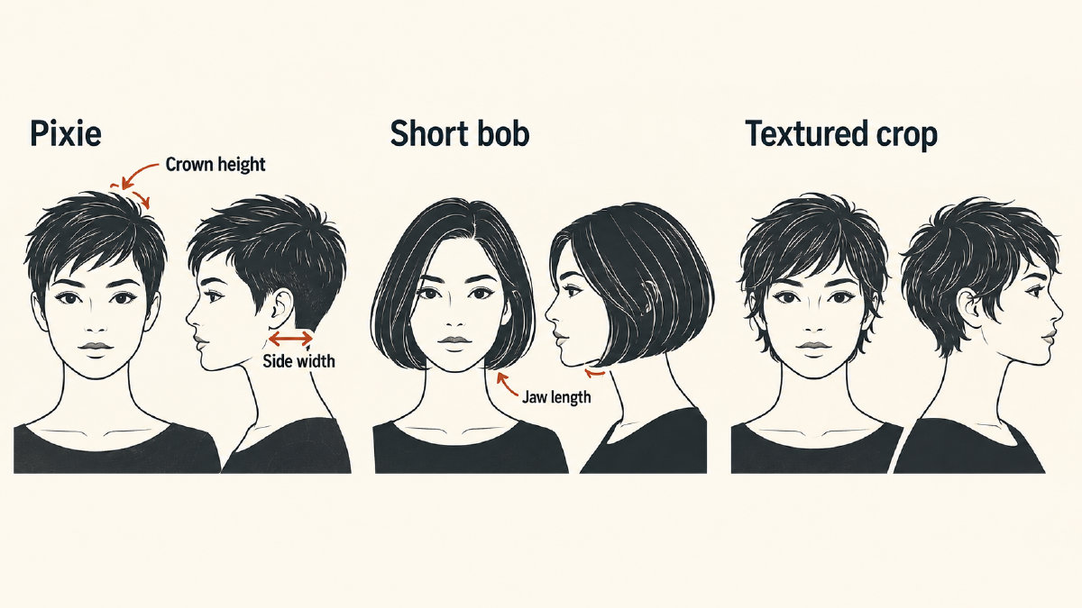 Pixie, short bob and textured crop silhouettes comparing top height, side width and hair length.
