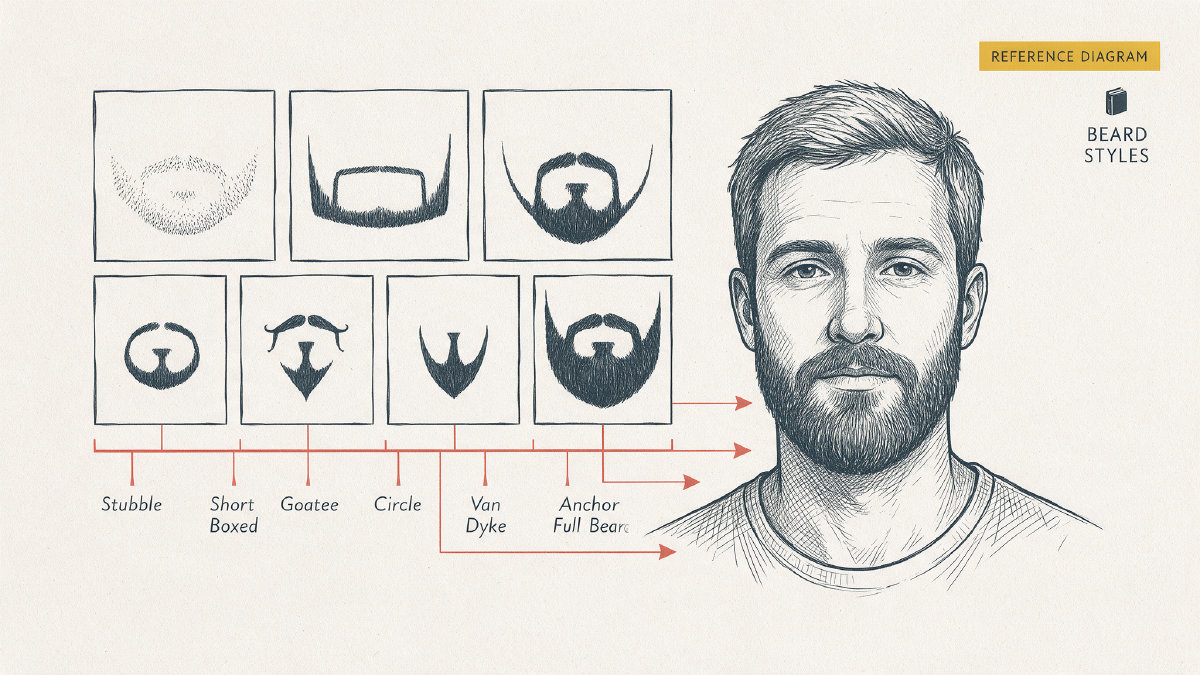 Comparison diagram of seven beard-style silhouettes arranged around an adult man’s front-facing portrait